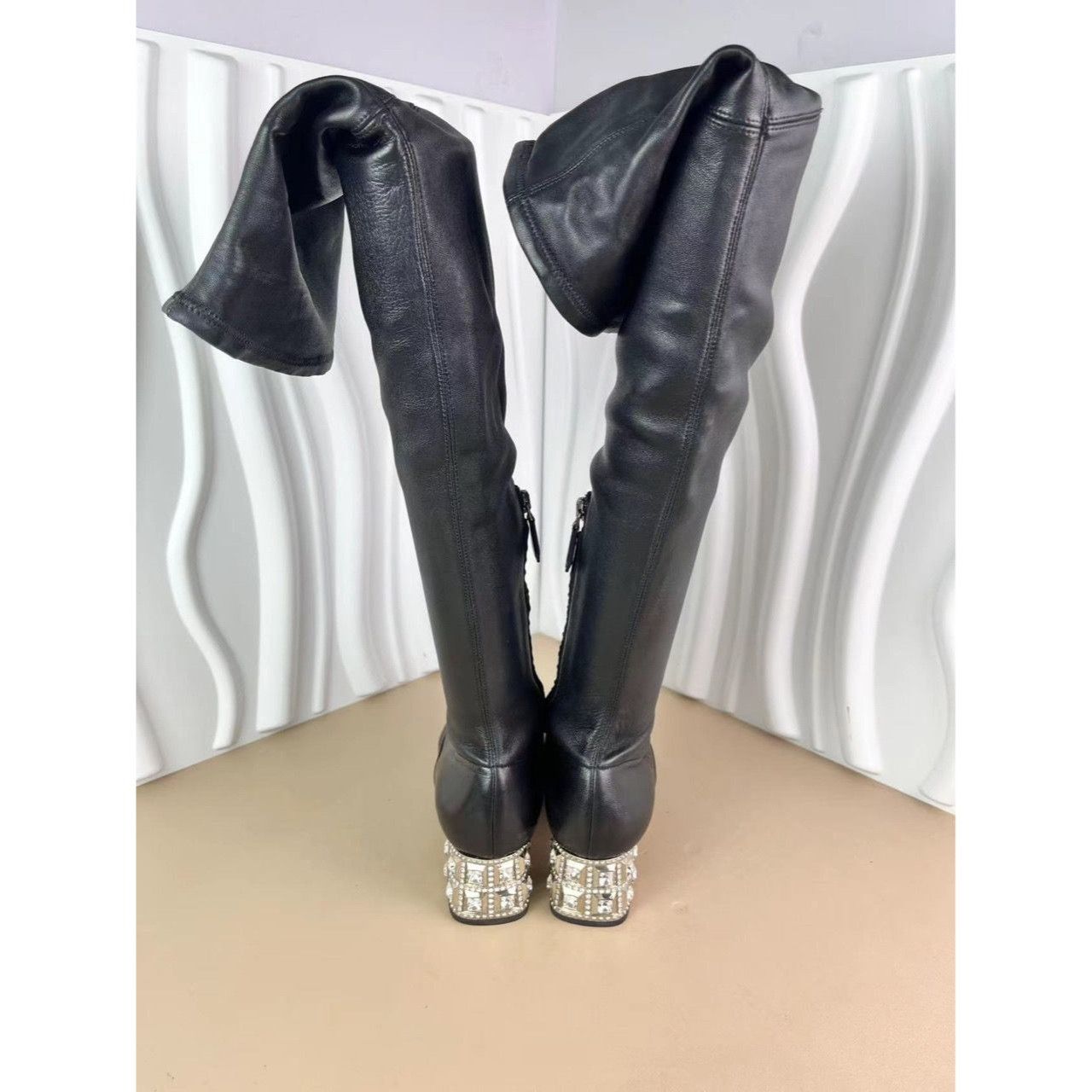 Miu Miu Miu Miu Womens Black Leather Thigh-High Boots With Crystal H Size US 6 / IT 36 - 5 Thumbnail