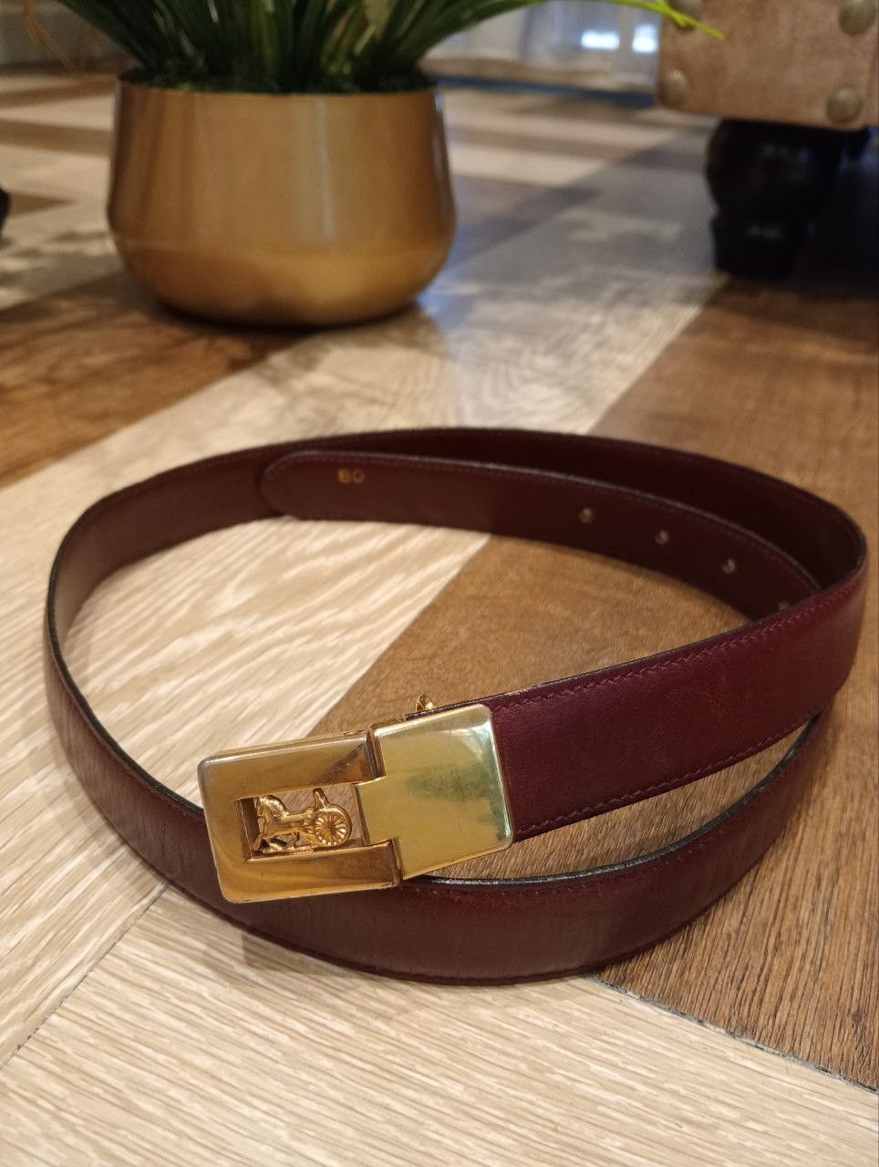 Celine VTG CELINE LEATHER BELT - BURGUNDY WITH GOLD COLOUR BUCKLE Size ONE SIZE - 4 Thumbnail