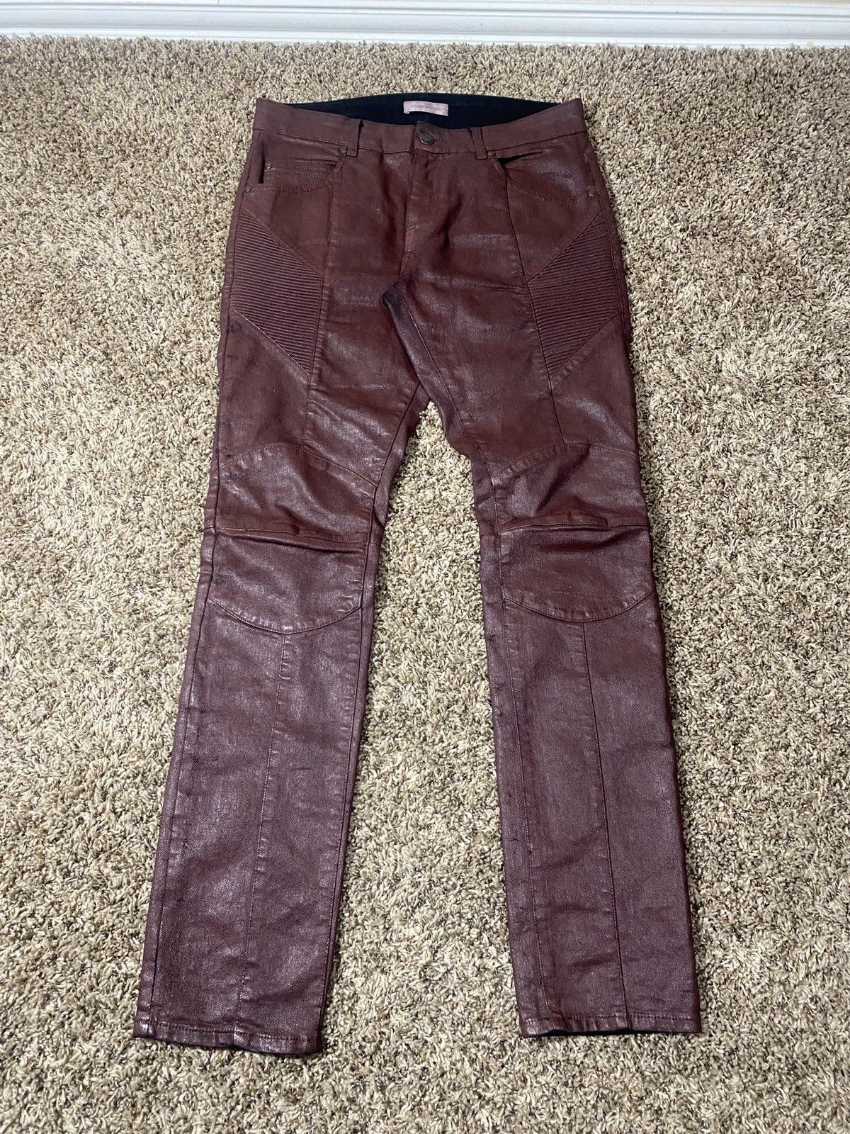 Balmain Pierre Balmain 2010s Brown Wax Painted Biker Denim Jeans Size US 33 - 1 Thumbnail