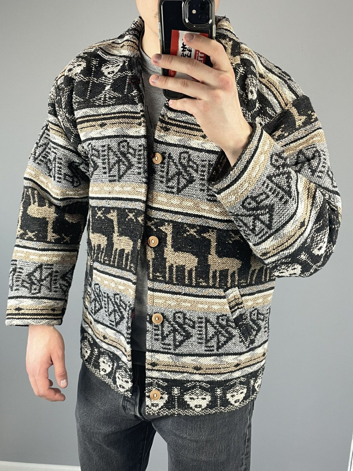 Designer × Handmade × Other Aztek Print navajo Alpaca wool canvas jacket mens Size US M / EU 48-50 / 2 - 8 Thumbnail