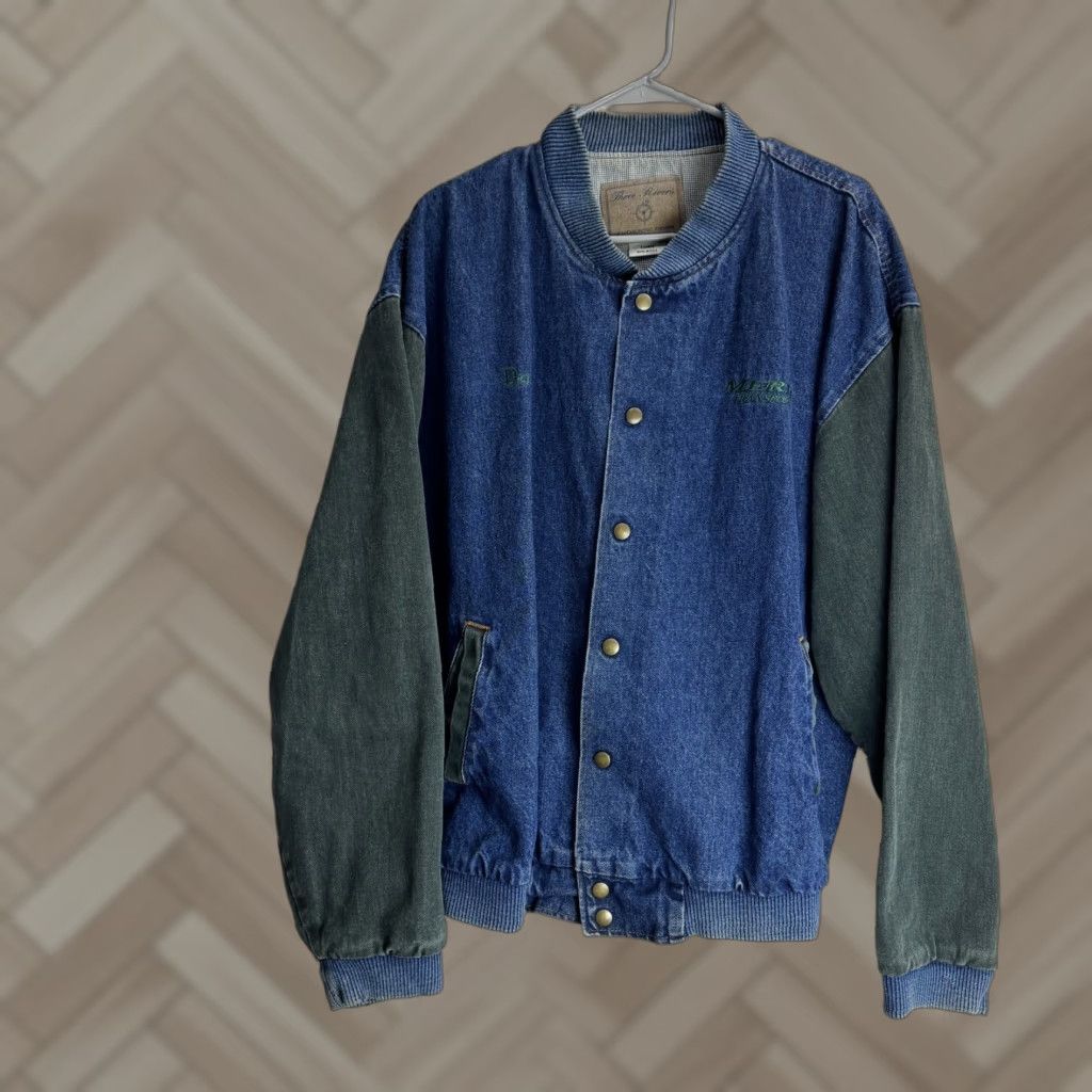 Vintage Rivers Denim Varsity Jacket XL Men Blue Cotton Denim Three Rivers Authetic Size XL Varsity Jacket Mens