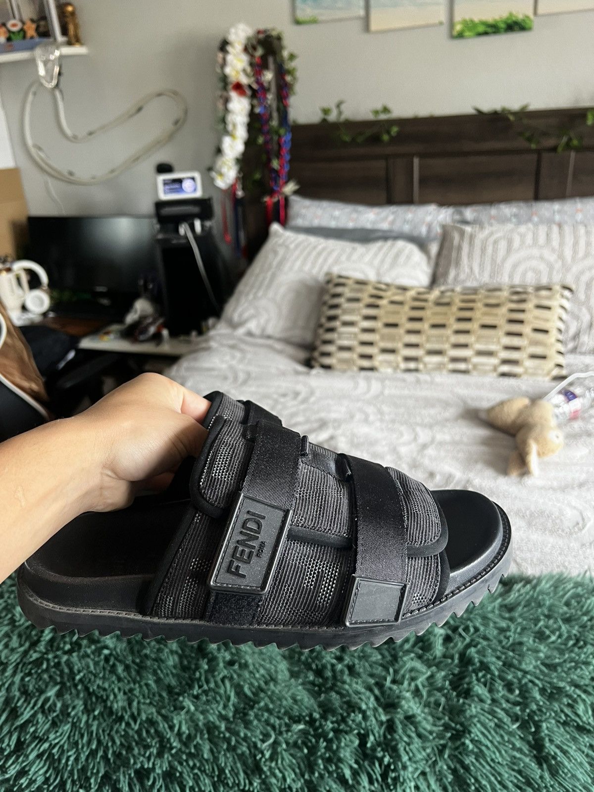 Fendi Fendi Black Monogram-Print Mesh Slides Size 8 Size US 8 / EU 41 - 1 Thumbnail