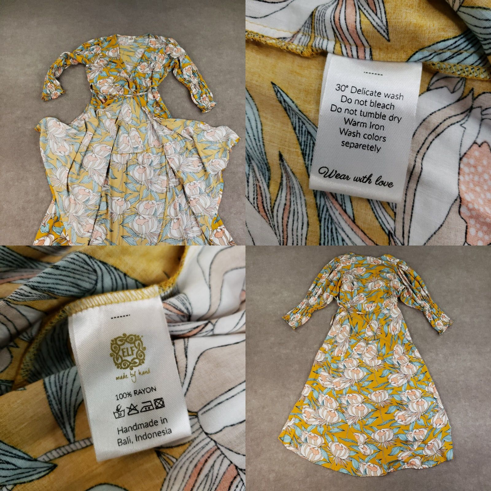 Vintage ELF Made By Hand Womens Medium Yellow Floral Wrap Dress Midi 3/4 Sleeve Size M / US 6-8 / IT 42-44 - 8 Thumbnail