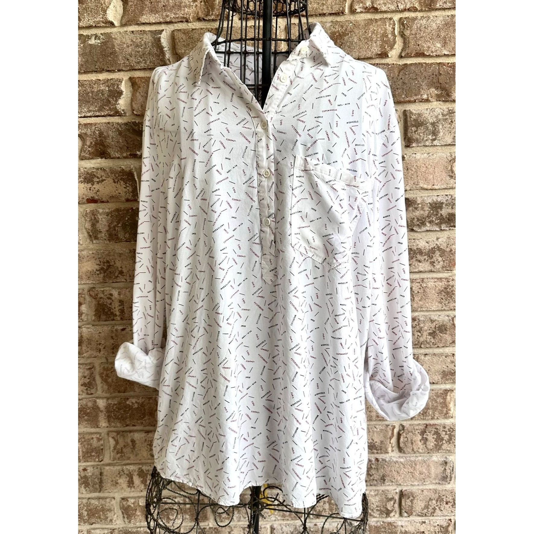 Designer × Vintage Cosmic Blue Love Roll Tab Sleeve Shirt XL White Hi Low New Y Size XL / US 12-14 / IT 48-50 - 2 Thumbnail