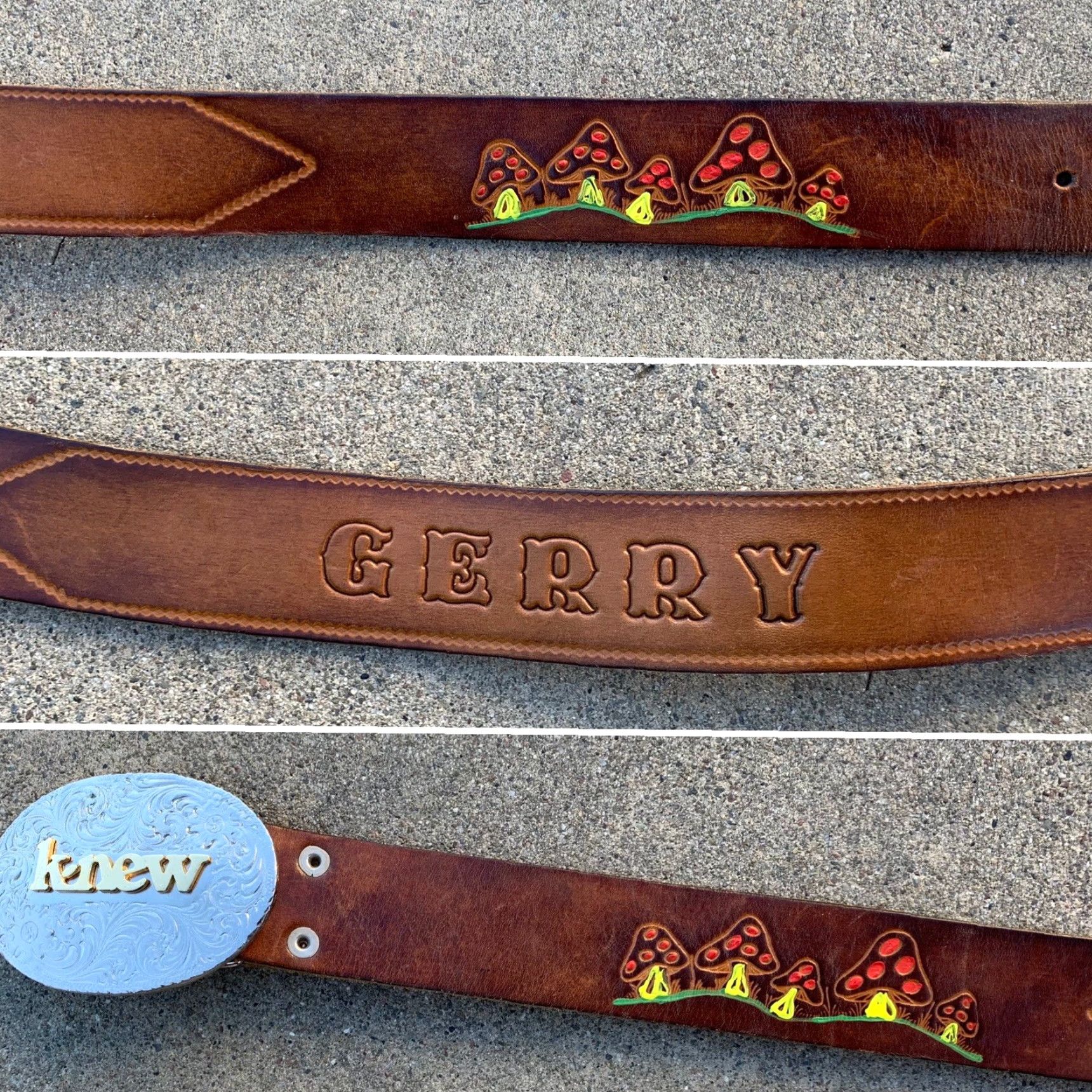 Vintage VINTAGE tooled leather belt 60s 70s painted mushroom theme GERRY k-new buckle M adult unisex Brown leather belt Size ONE SIZE - 2 Thumbnail