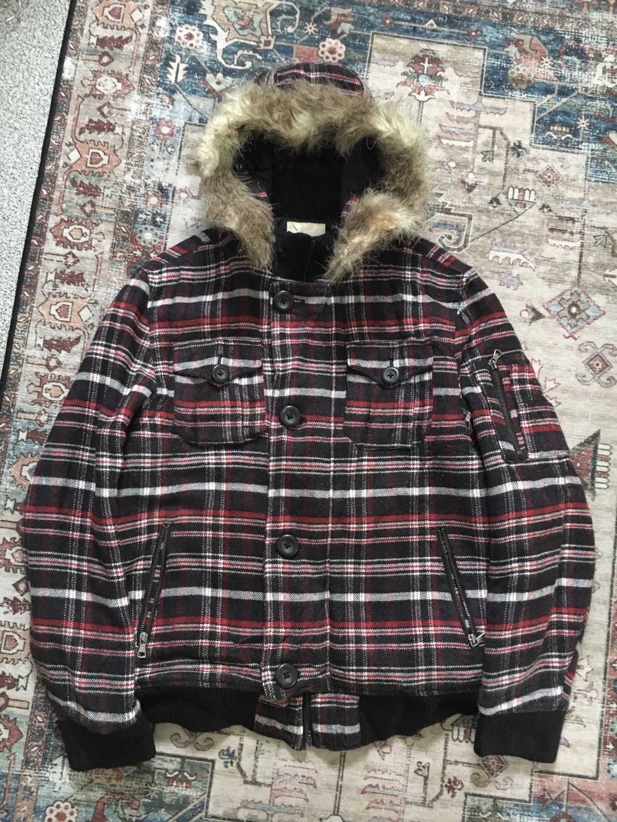 If Six Was Nine × Japanese Brand × Le Grande Bleu (L.G.B.) Cox Plaid Fur Hooded Jacket Size US L / EU 52-54 / 3 - 1 Thumbnail