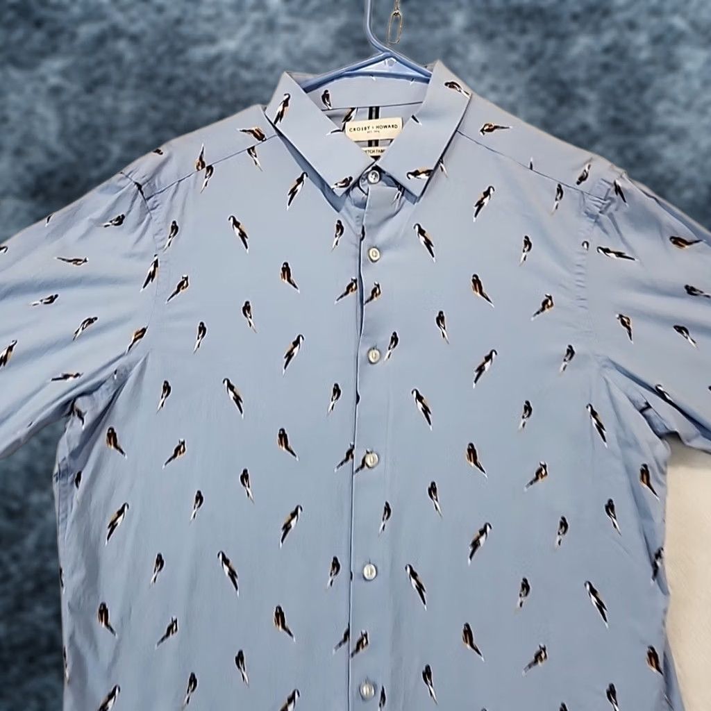 Vintage Crosby & Howard Stretch Light Blue Mens L Button-Down Shirt Bird Parrot Dress LS Slim Cotton Woven Casual Wear Size 42R - 1 Thumbnail