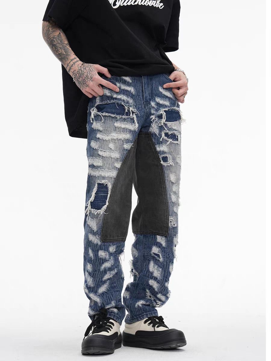 Retro street hip-hop ripped washed distressed jeans