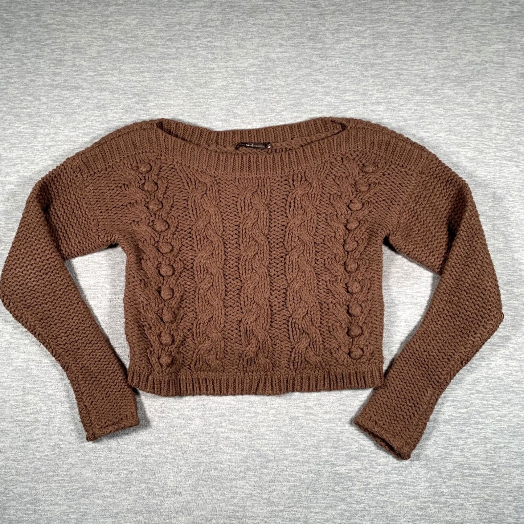 Vintage Hazel Sweater Womens Medium Brown Cable Knit Boat Neck Cropped Pullover Size M / US 6-8 / IT 42-44 - 2 Thumbnail