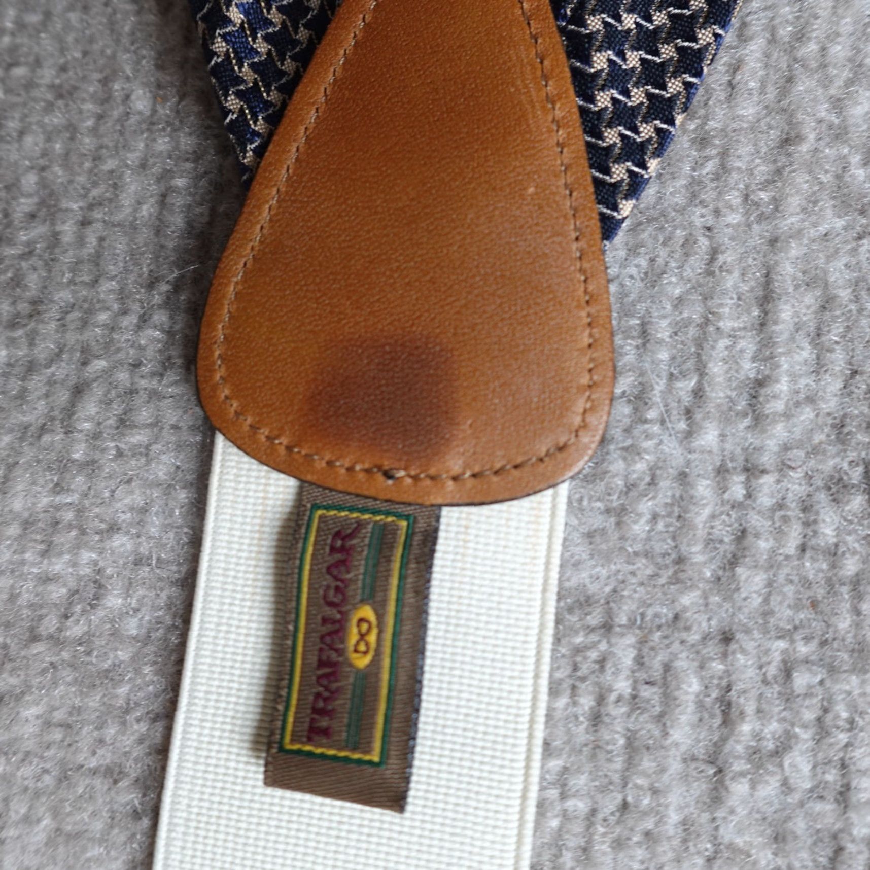 Vintage Trafalgar Suspender Blue Geometric Woven Brass Clasp Leather Loops Silk One Size Men Size ONE SIZE - 2 Thumbnail
