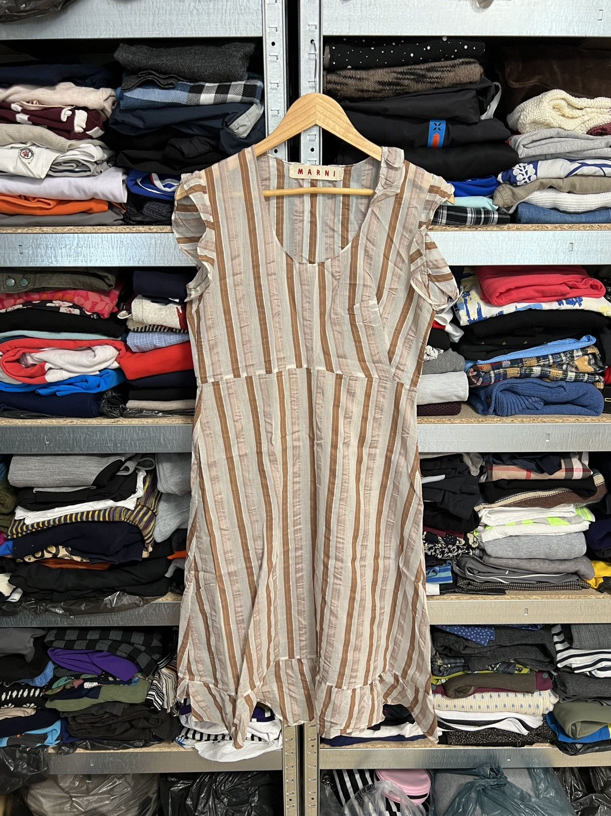 Marni Marni Brown Beige Striped Viscosa Dress Ruffle Hem Sz IT 42 Size M / US 6-8 / IT 42-44 - 1 Thumbnail