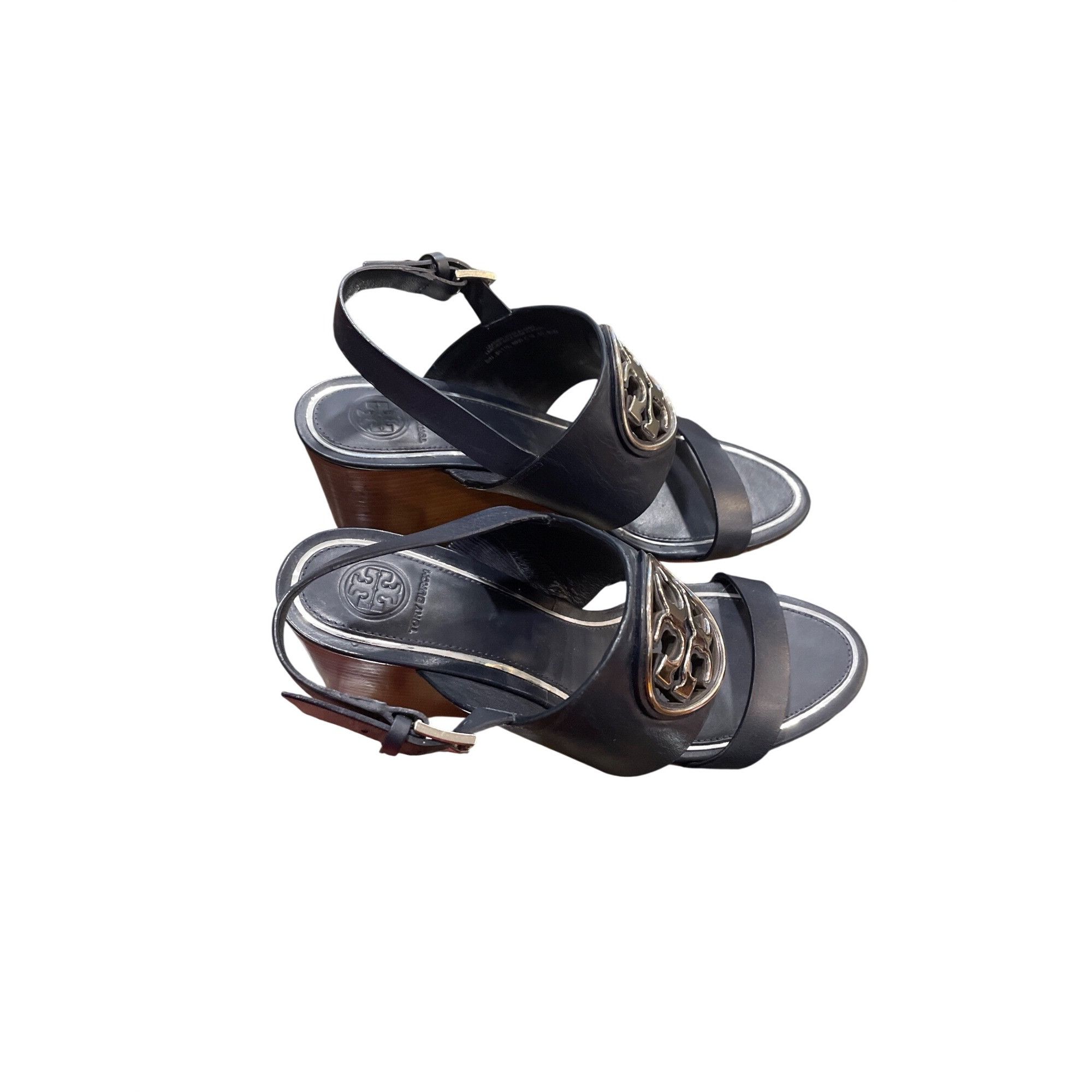 Tory Burch Tory Burch wms black leather 3" open sling back wedge shoes Size US 8.5 / IT 38.5 - 4 Thumbnail