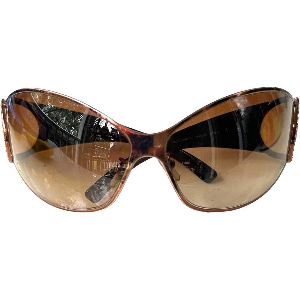 Versace VERSACE Medusa Logo Sunglasses Brown Gold SWAROVSKI Crystal Embellished Shield Oversized Made In Italy Luxury Designer Sunglasses 2064-B 1169/13 87[]12 110 Size ONE SIZE - 9 Thumbnail