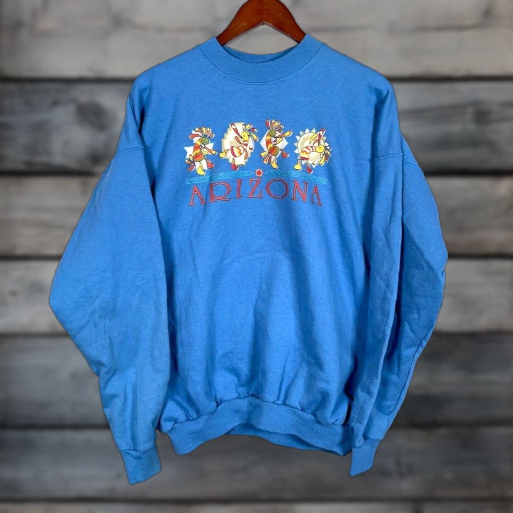 Hanes VTG Yes Arizona Kokopelli Print Sweatshirt Hanes XL Blue Crewneck Tribal Art Size US XL / EU 56 / 4 - 1 Thumbnail