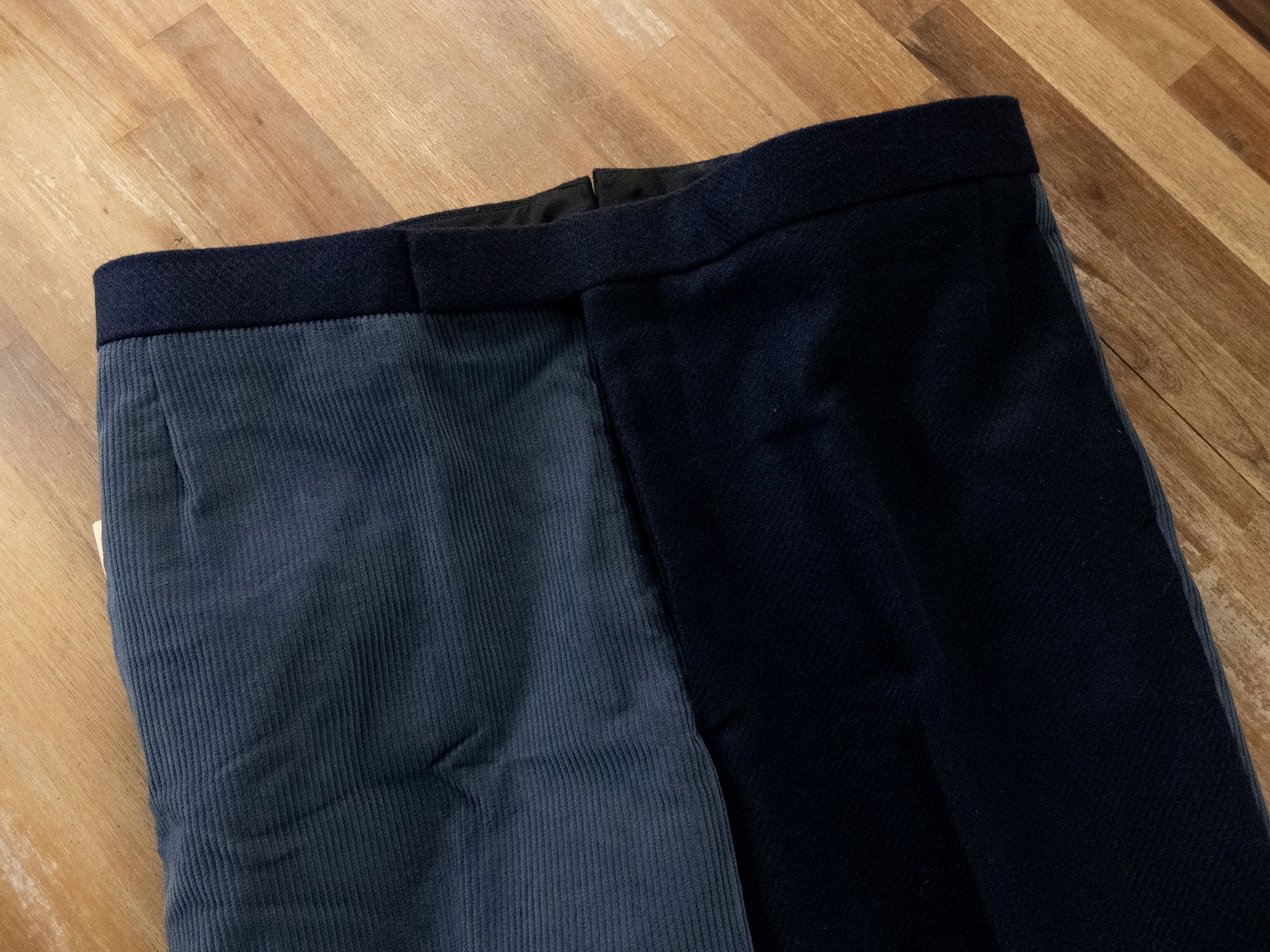 THOM BROWNE Fun-Mix blue wool & corduroy backstrap pants