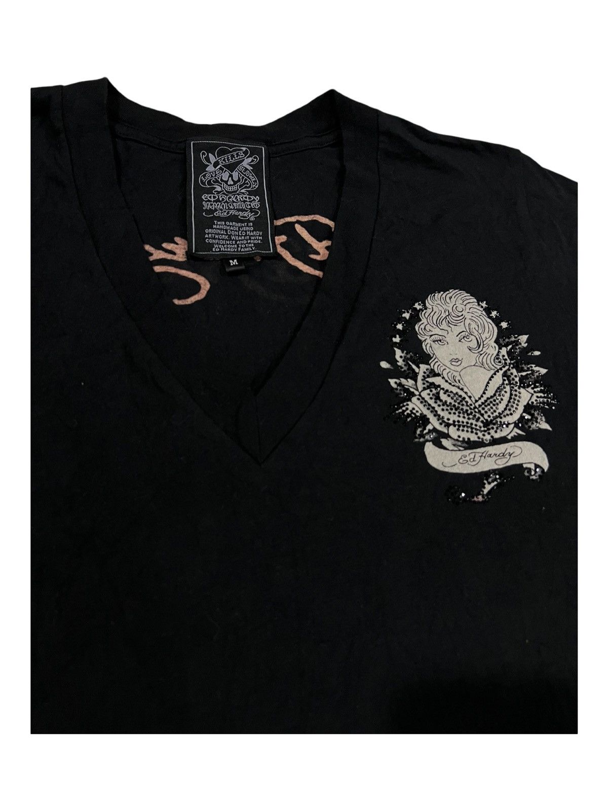 Christian Audigier Y2K Ed Hardy 🇯🇵 Limited Girl Print Swarovski V Neck Shirt Size M / US 6-8 / IT 42-44 - 2 Thumbnail