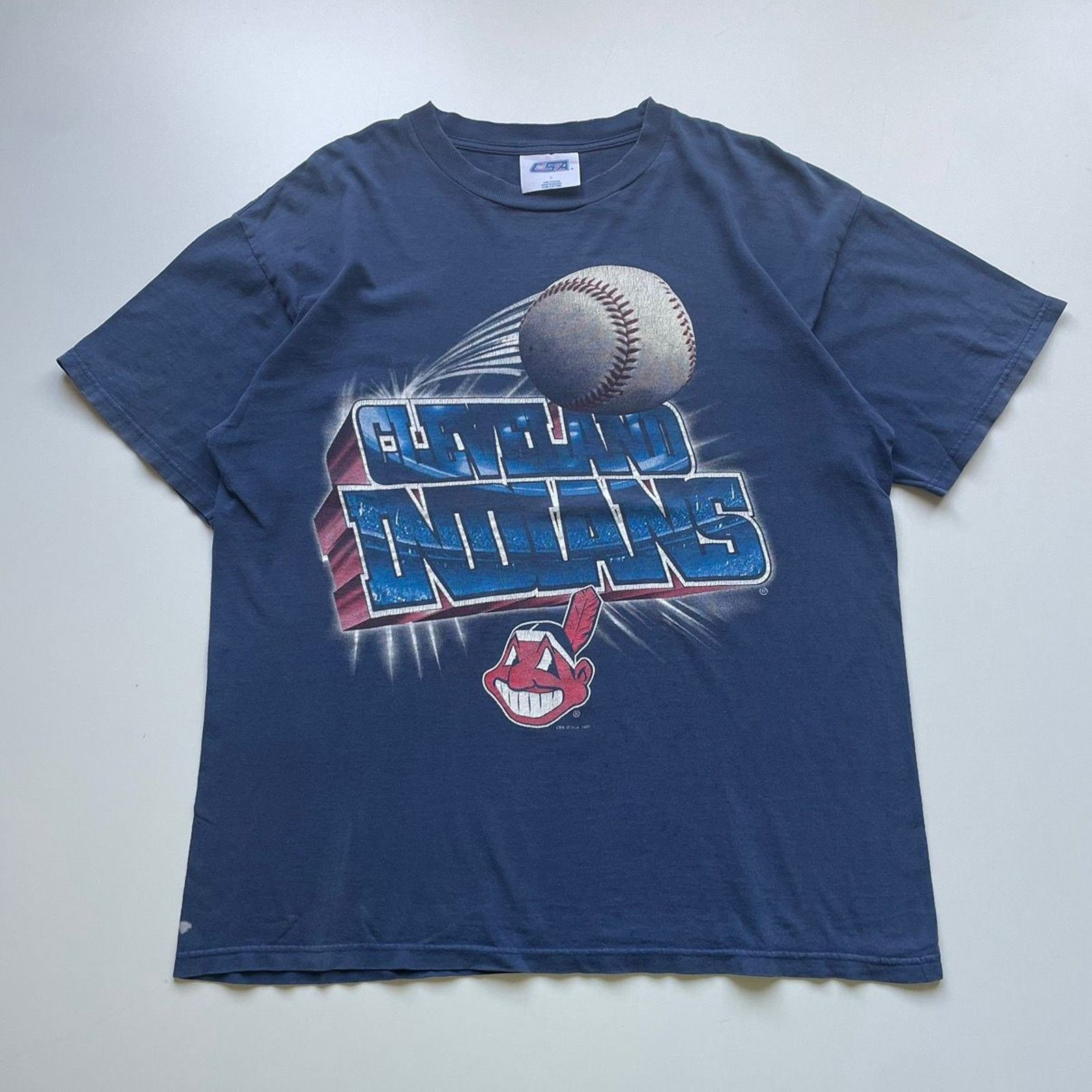 Vintage 90s Cleveland Indians MLB T Shirt Large Faded Blue