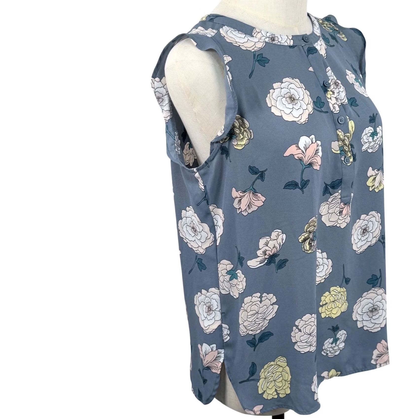 Loft Loft Womens Blouse Sleeveless Floral Ruffle Shell Blue Multi Petite MP Shabby Chic Workwear Size M / US 6-8 / IT 42-44 - 4 Thumbnail
