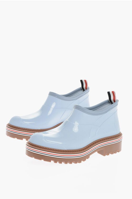 image of Thom Browne Glossy Effect Rubber Boots Wth Striped Detail in Light Blue, Men's (Size 9)