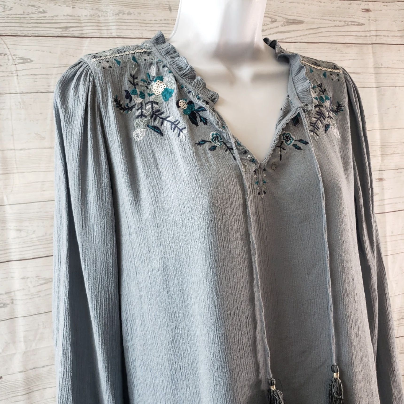 Vintage Knox Rose Womens Blouse Sz S Blue Floral Embroidered Long Sleeve Tassels Size S / US 4 / IT 40 - 2 Thumbnail