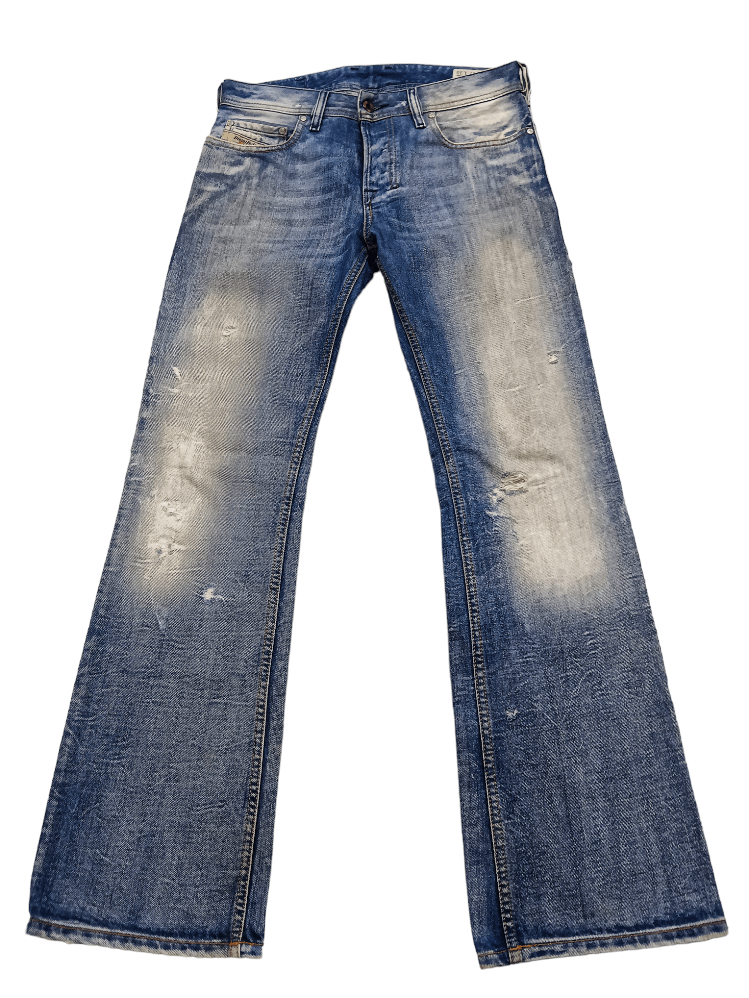image of Diesel Distressed Minimalist Flare Denim in Blue Denim, Men's (Size 27)