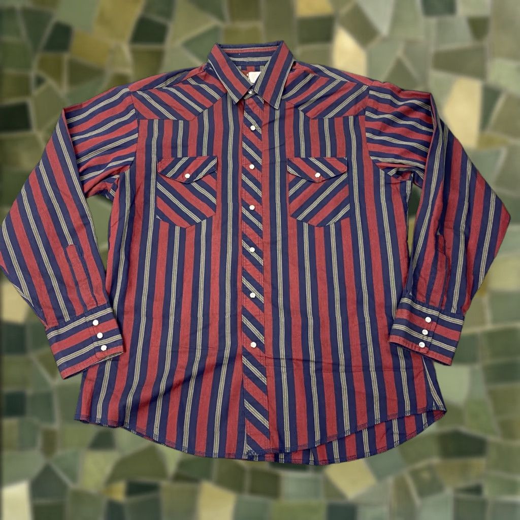 Wrangler Wrangler Shirt Mens Large Red Navy Striped Western Pearl Snap Long Sleeve Yoke Size US L / EU 52-54 / 3 - 1 Thumbnail