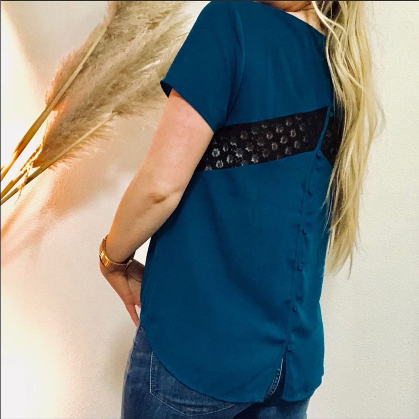 ANTHROPOLOGIE Turquoise Button Back Black Lace Top Blouse