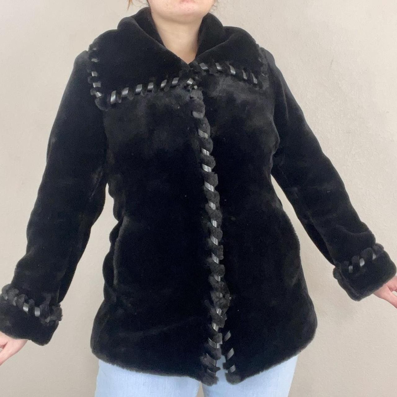 Vintage BLACK FAUX FUR JACKET WITH FAUX LEATHER ROPE DESIGN. | Grailed