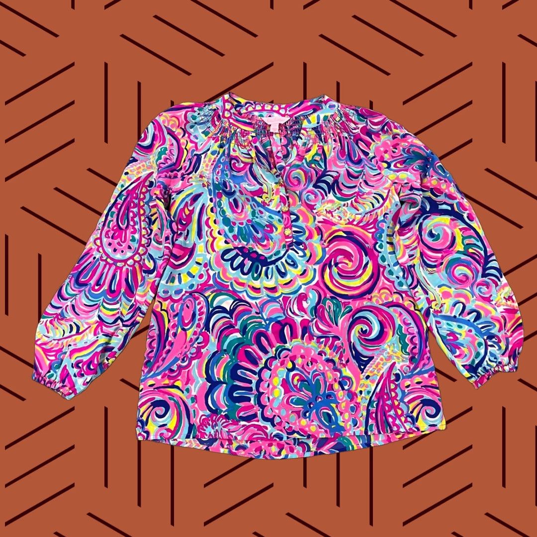 Lilly Pulitzer LILLY PULITZER Top Womens 2XS Onyx Elsa Silk Psychedelic Sunshine Shirt Button Puff Sleeve 3/4 Time: All Seasons Multicolor Floral Casual Womens Size XXS / US 00 / IT 34 - 1 Thumbnail