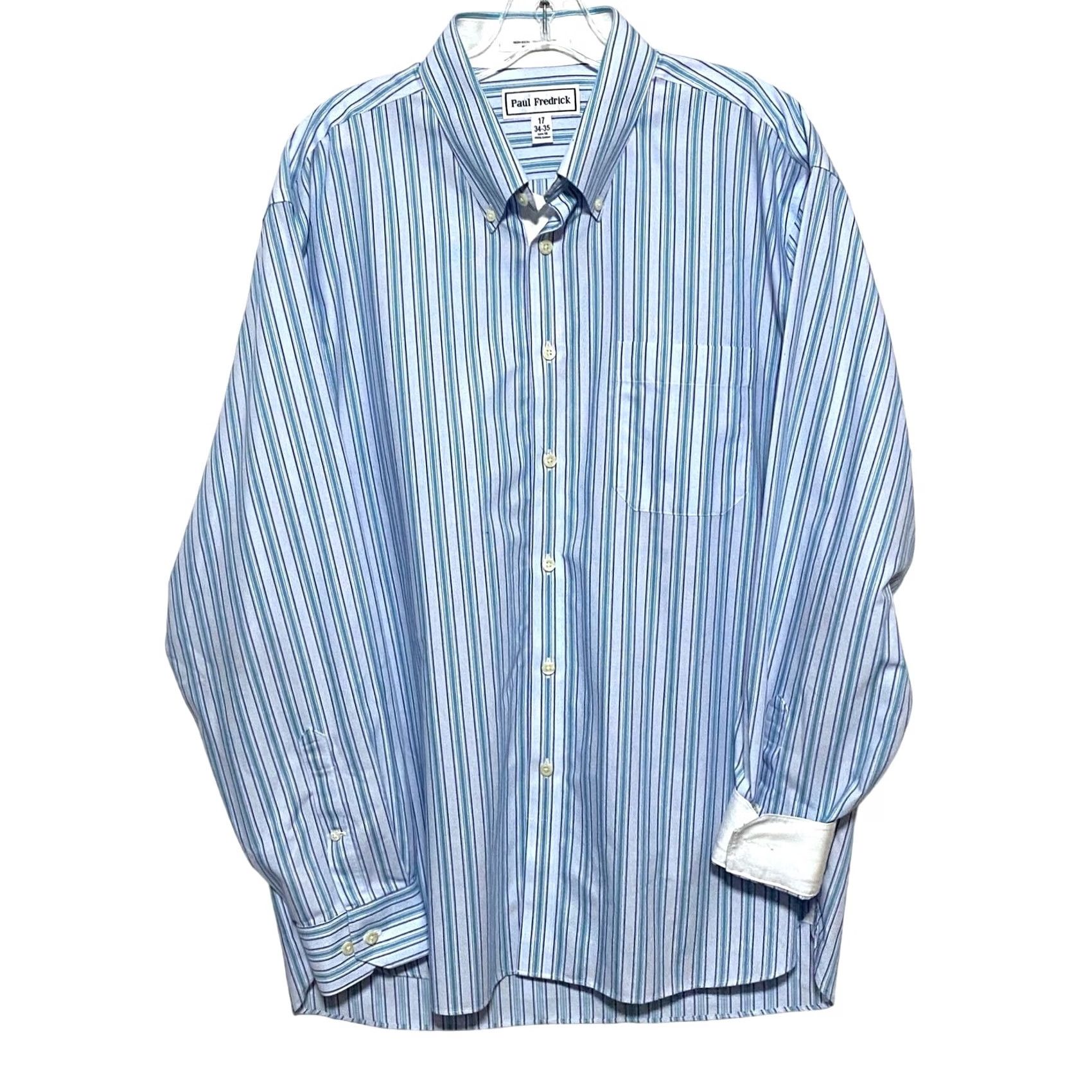 Vintage Paul Fredrick Non Iron Trim Fit Blue Striped Dress Shirt Mens 17 34-35 Career Size 46R - 2 Thumbnail