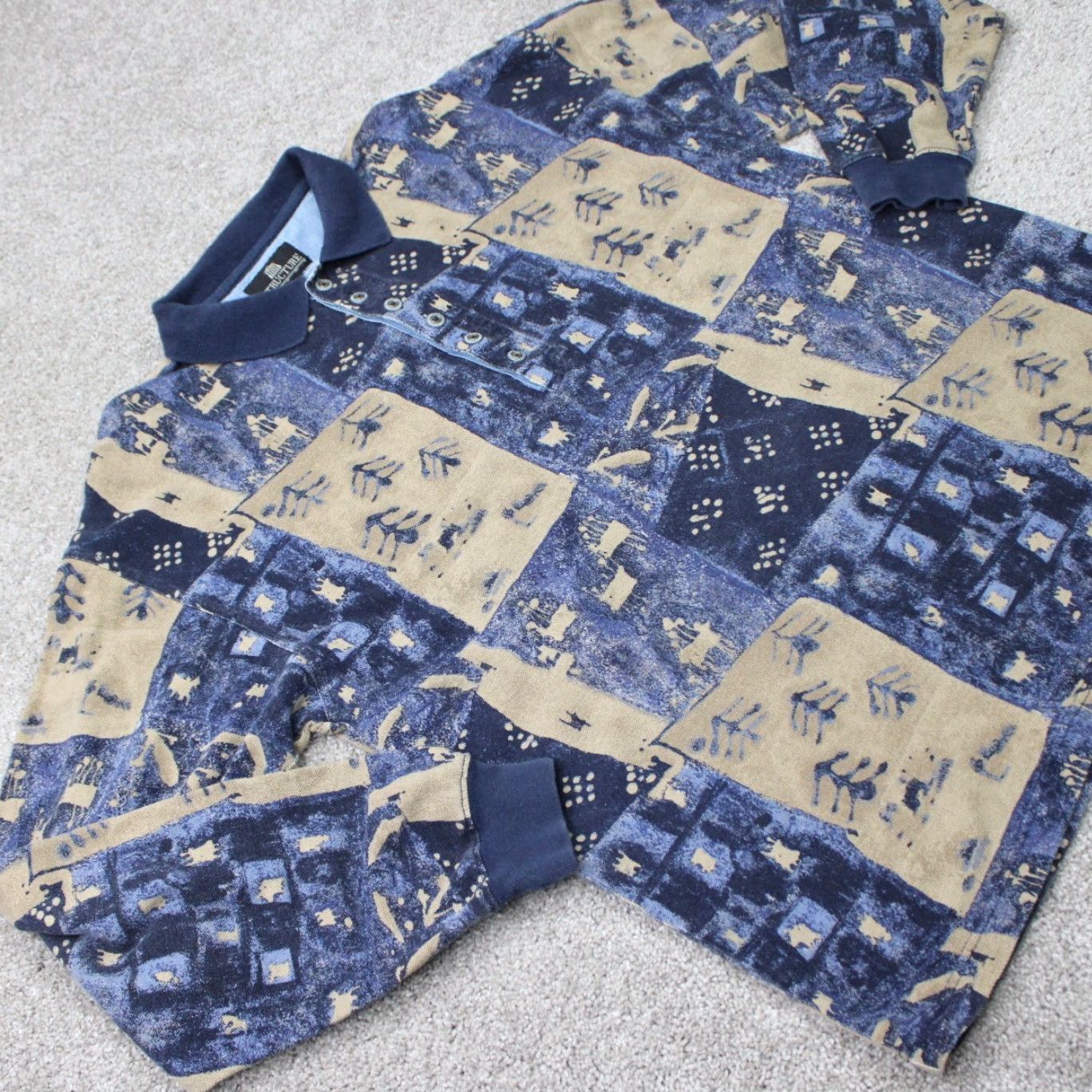 Vintage Structure Polo Shirt Mens Medium Blue/Tan Geometric 100% Cotton Long Sleeve Size US M / EU 48-50 / 2 - 7 Thumbnail