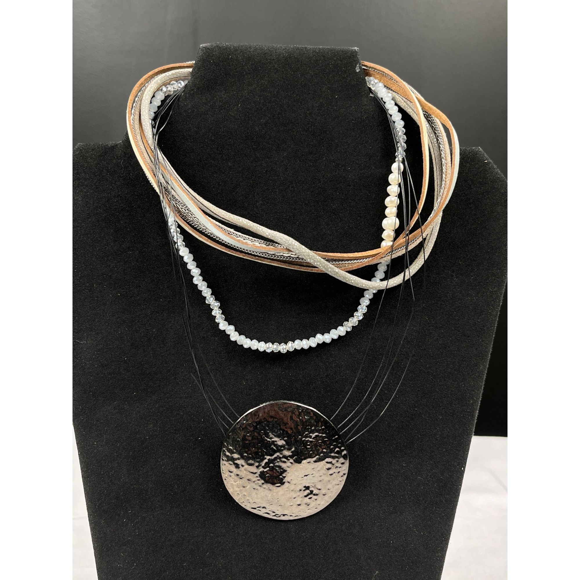 Vintage Multi Strand Necklace SKU 7857 With Large Hammered Silver Di Size ONE SIZE - 2 Thumbnail