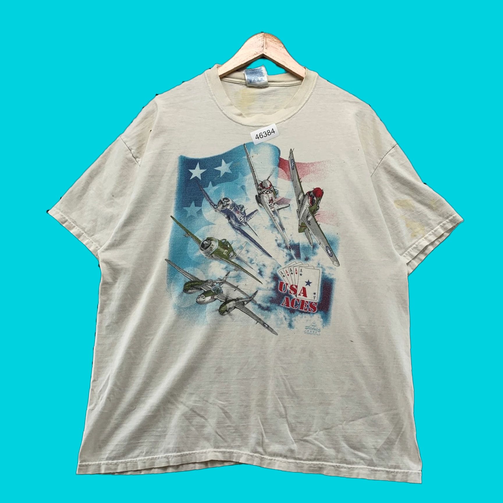 Hanes VINTAGE Hanes T-Shirt Mens XL White 90s Military Airplane Sophos USA Aces Flag Shirt Size US XL / EU 56 / 4 - 1 Thumbnail
