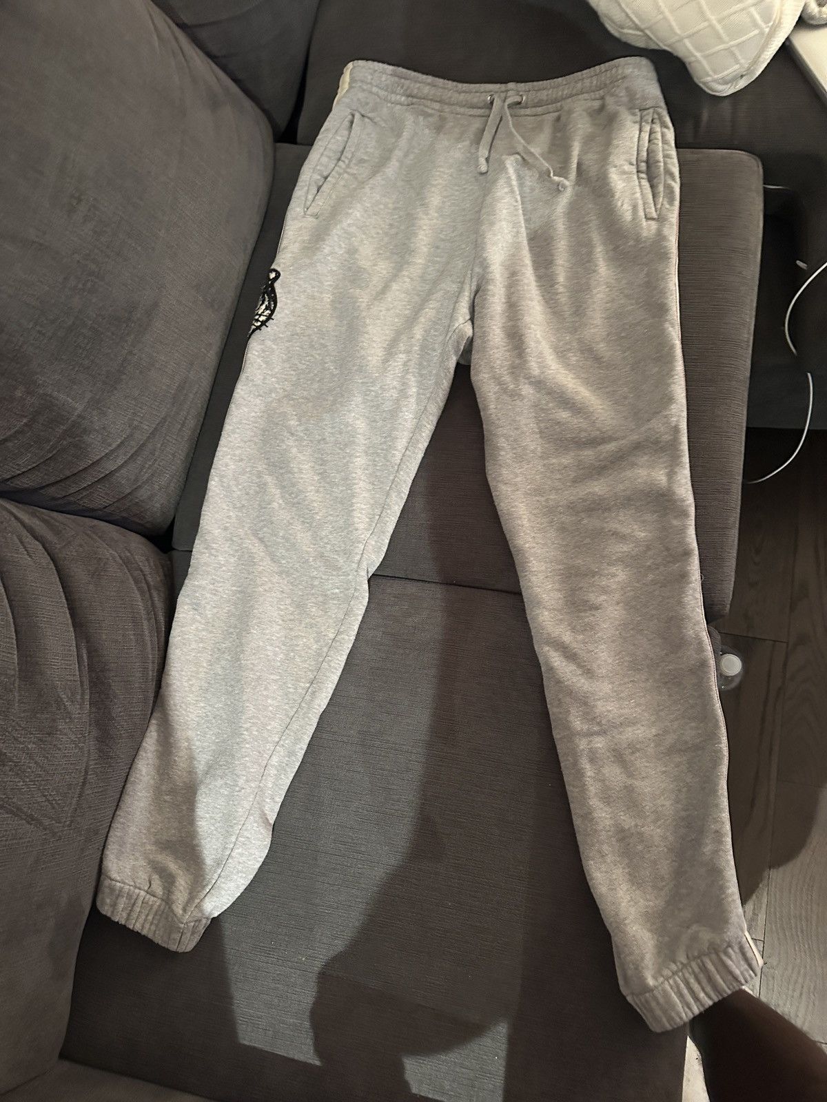 Image of Gucci Grey Side Stripe Tiger Applique Sweatpants, Men's (Size 34)