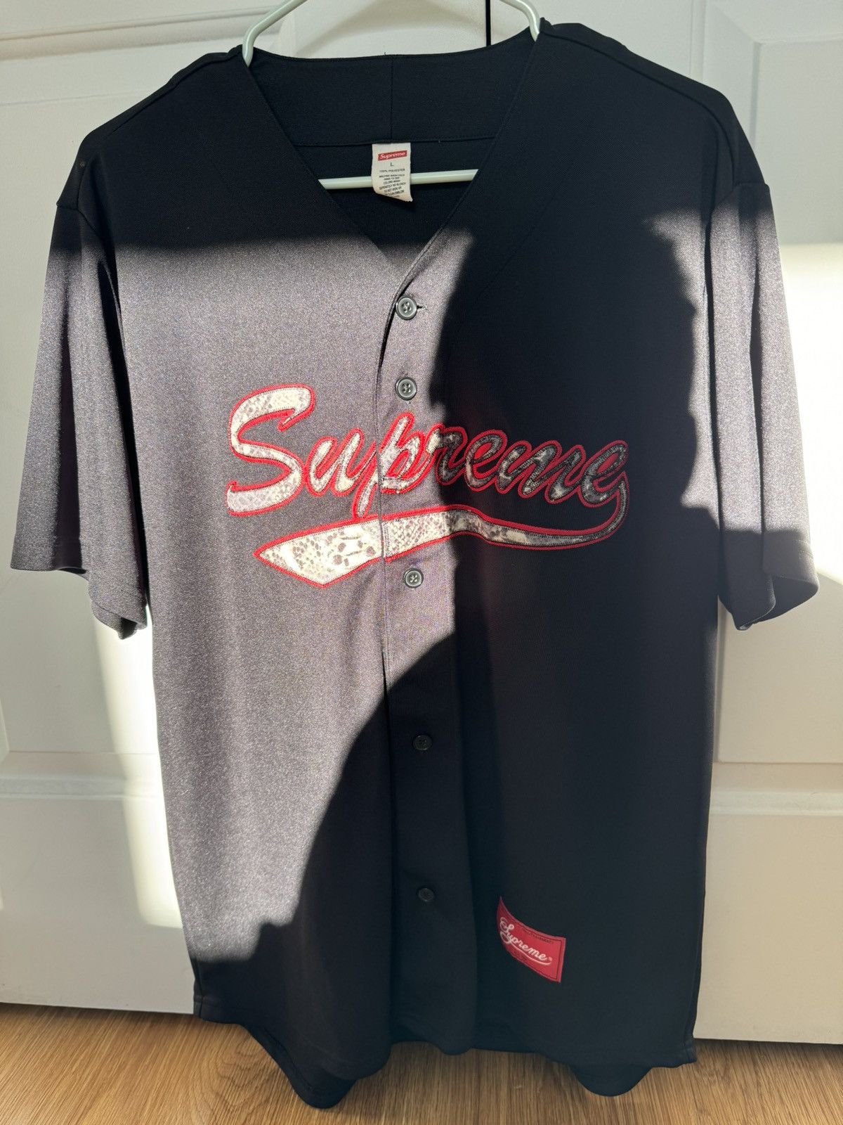 image of Supreme Snake Script Logo Baseball Jersey Black Large, Men's