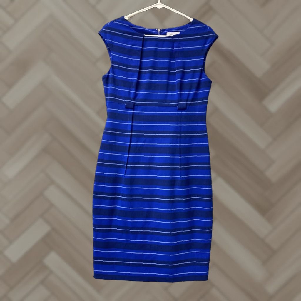 Calvin Klein Blue Striped Sheath Midi Dress Size 6 No Belt 36-87 Blue / 6  Regular, image size:1024x1024