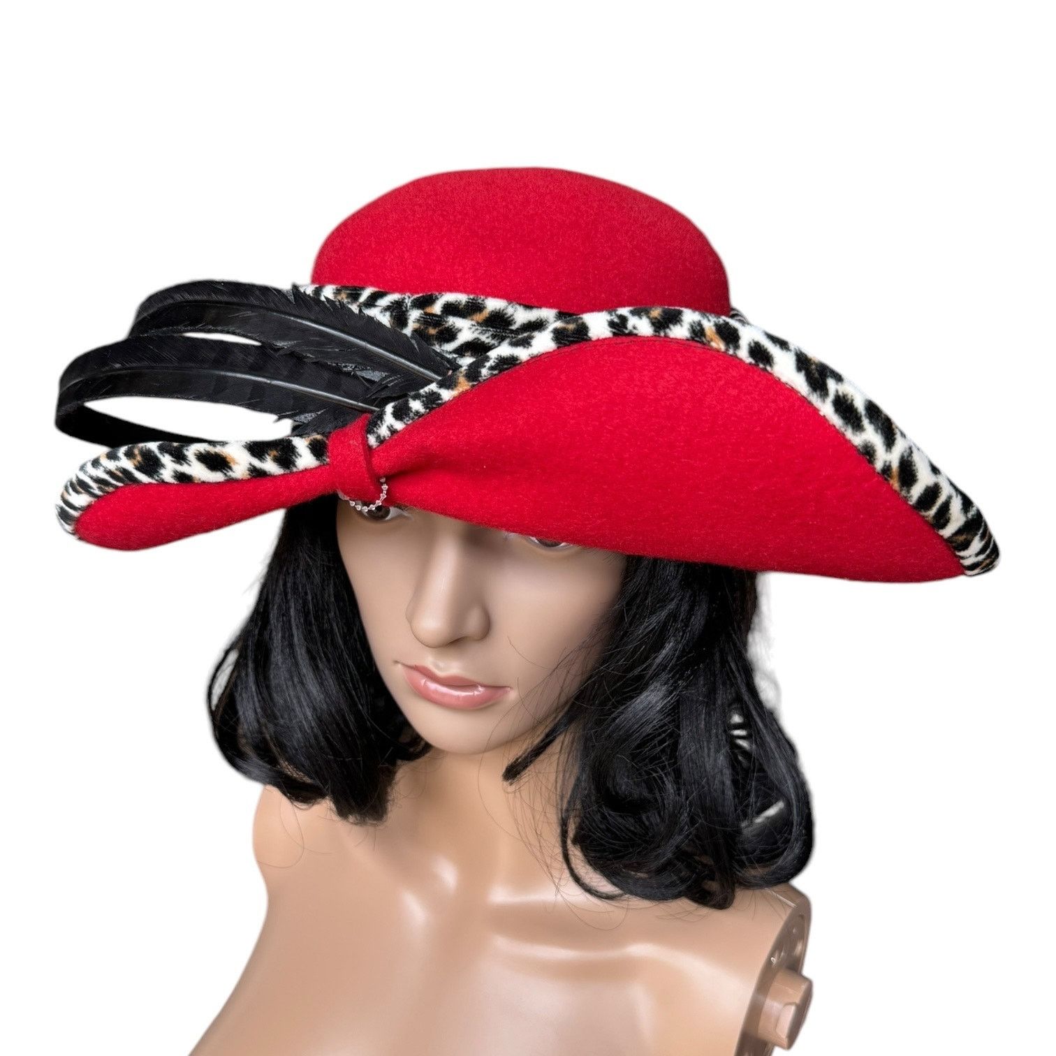 Vintage NWT 1960's Mr. John Classic Hat Red animal print feathers Size ONE SIZE - 13 Thumbnail