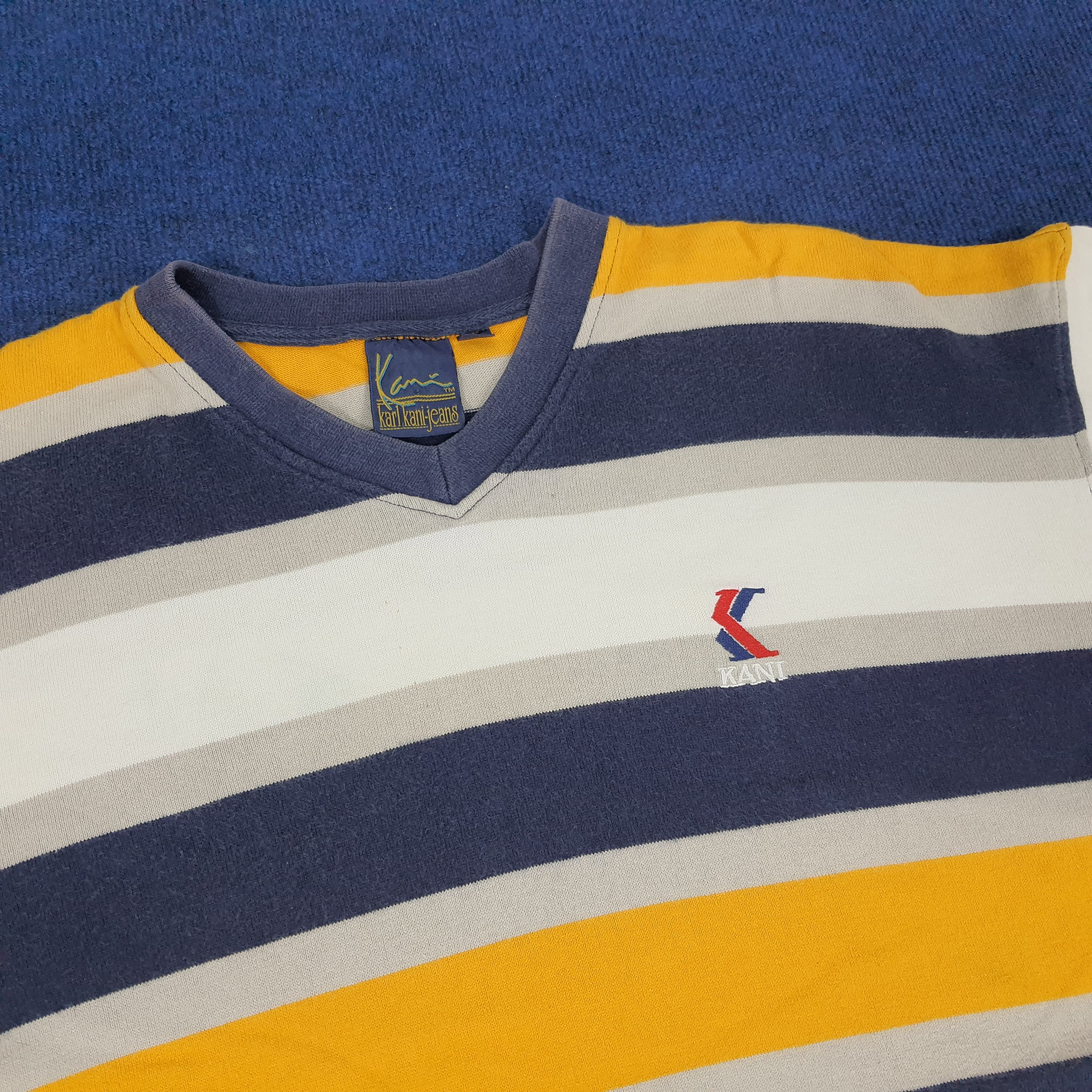 Designer × Karl Kani × Vintage Vintage Karl Kani Jeans Striped V Neck T-shirt Size US XL / EU 56 / 4 - 2 Thumbnail