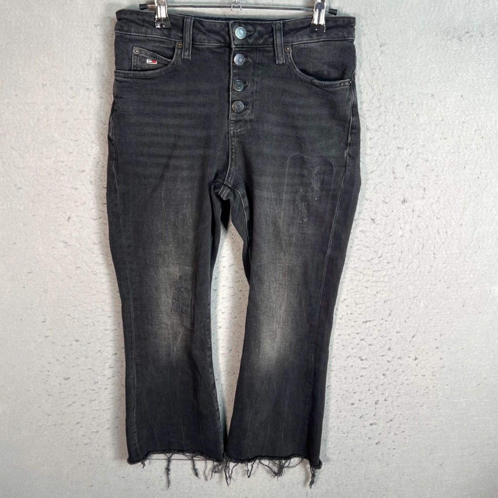 Tommy Hilfiger Tommy Jeans Black Crop Flare Denim Jeans Womens Size 27 Frayed Hem Size 27" / US 4 / IT 40 - 2 Thumbnail