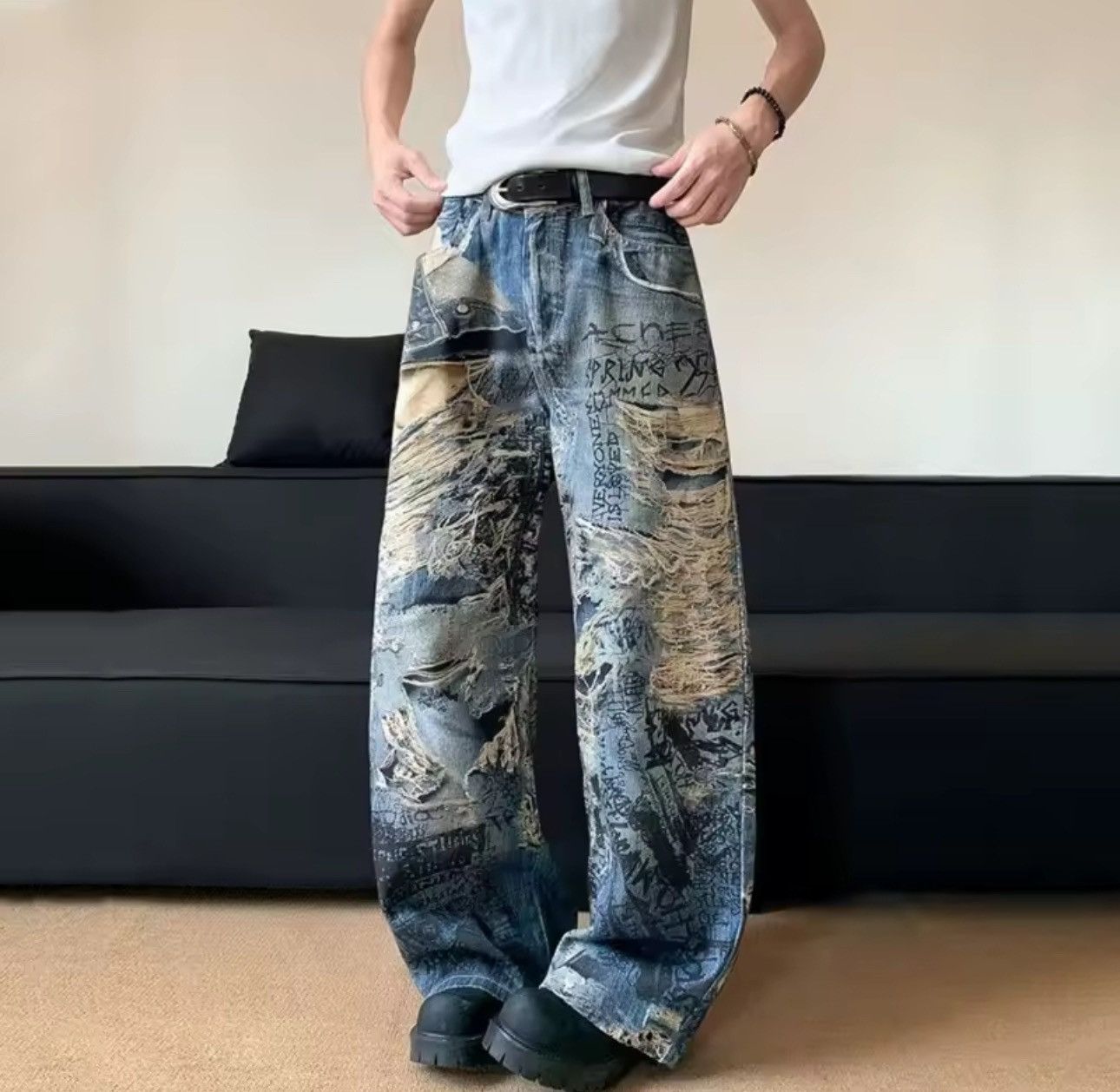 Other Design Printing Graphic 3D Baggy Straight Jeans Size US 33 - 2 Thumbnail