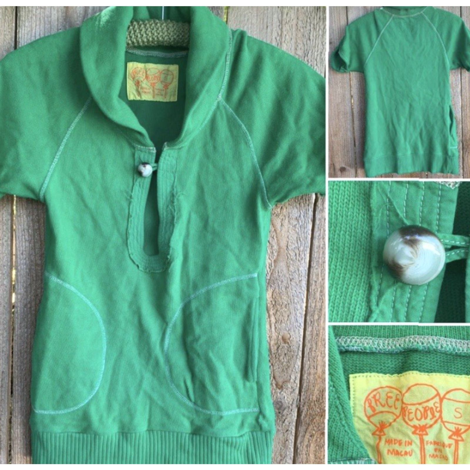 Free People Free People Top Women Short Sleeve Green S Cotton Pockets Size S / US 4 / IT 40 - 2 Thumbnail