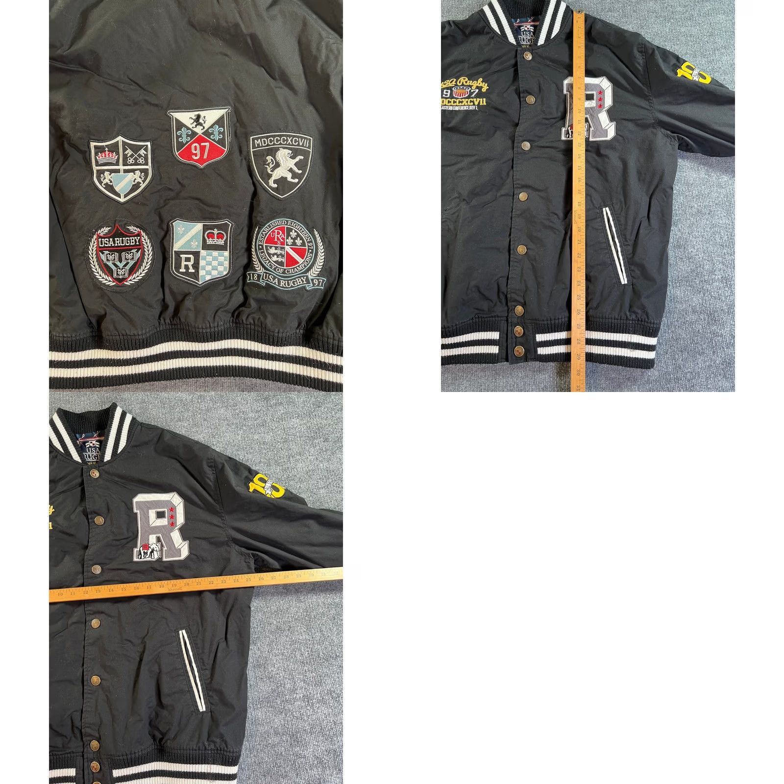 Vintage USA Rugby Varsity Bomber Jacket Mens 3XL Black Patchwork Snap Front Collegiate Size US XXL / EU 58 / 5 - 9 Thumbnail