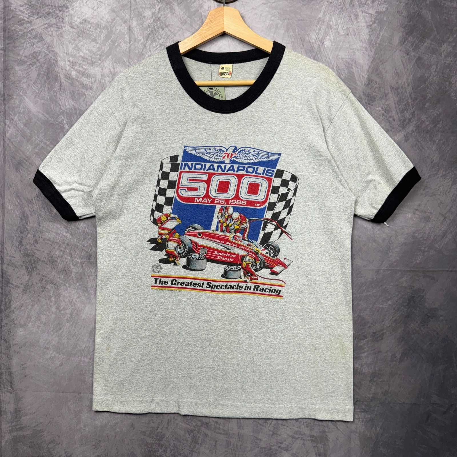 1986 Gray Indianapolis 500 Graphic Ringer Shirt Medium 3879
