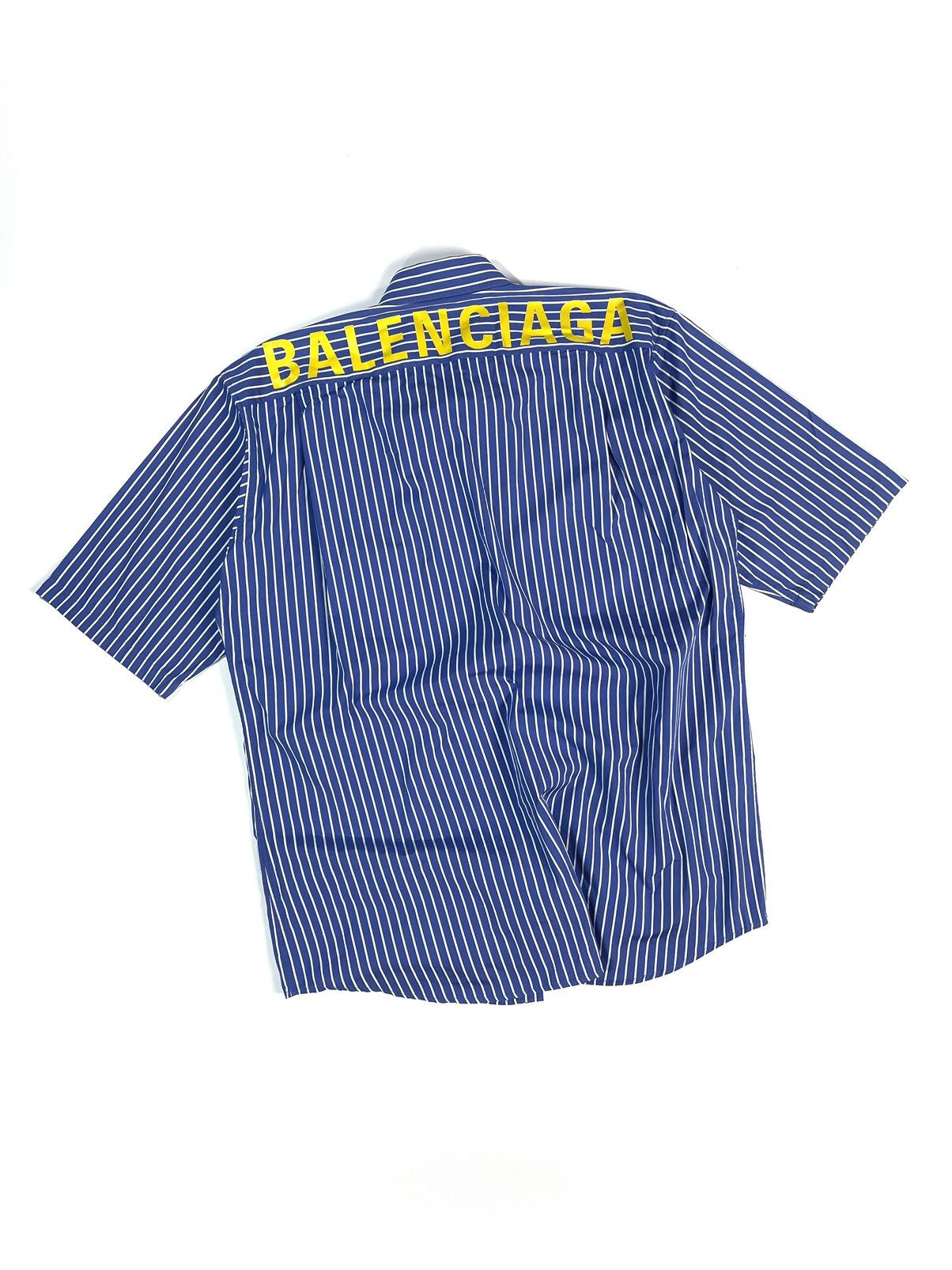 image of Balenciaga Big Yellow Logo Short Sleeve Shirt in Blue, Men's (Size Medium)