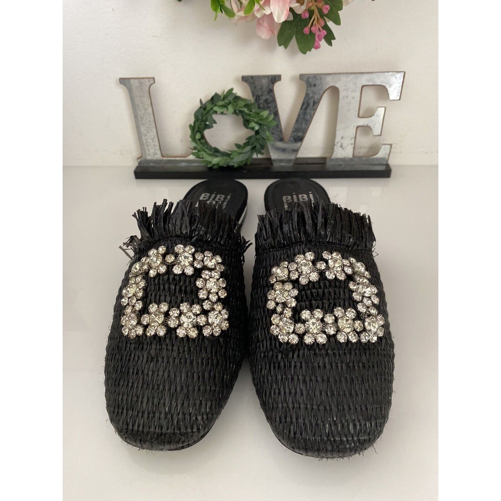 Vintage Bibi Lou Raffia Gem Jeweled Mule Slide Slip On Slipper Shoes Size US 6 / IT 36 - 23 Thumbnail