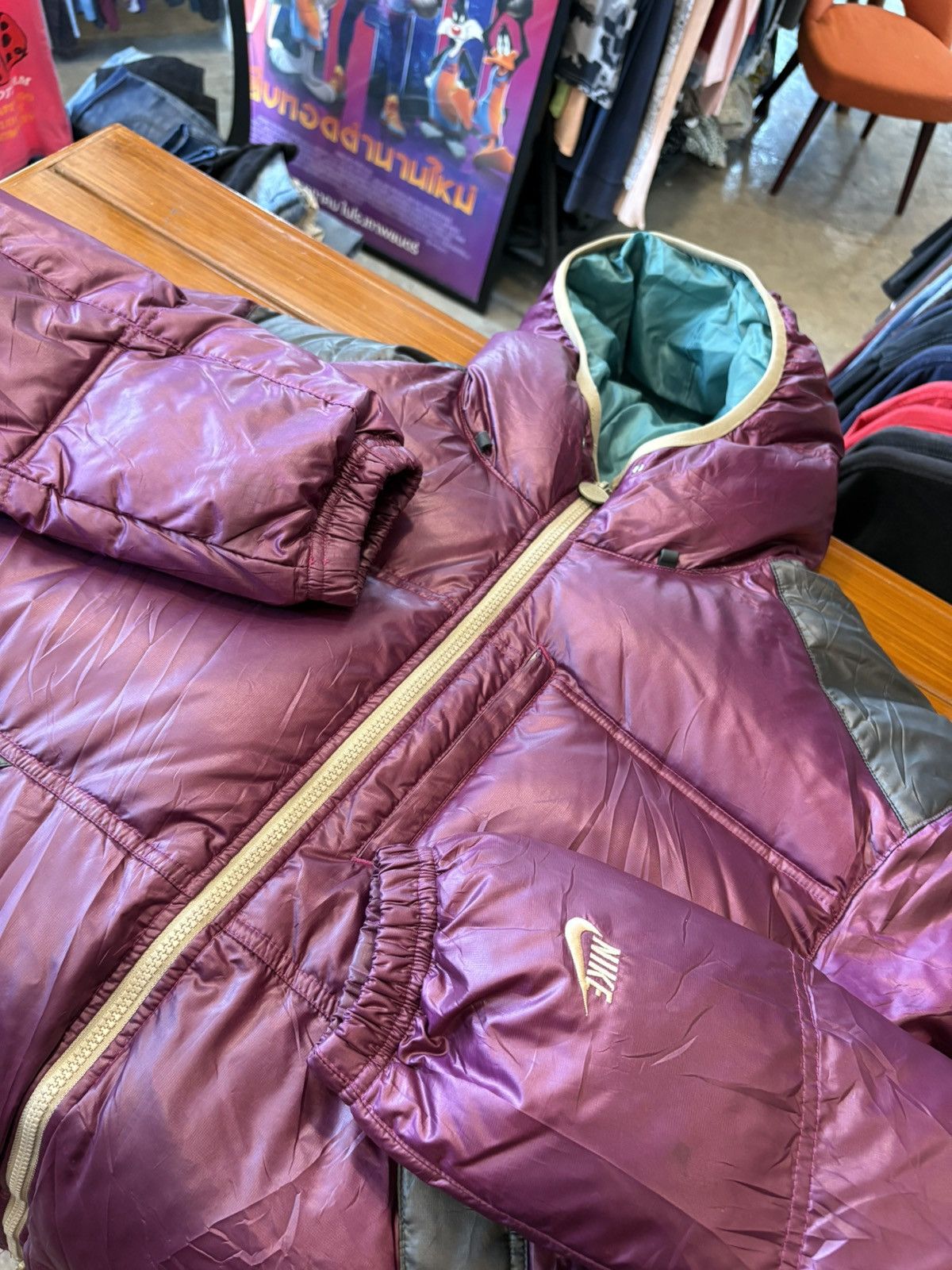 Nike Vintage 2000s Nike Burgundy Swoosh Puffer Jacket Size US XL / EU 56 / 4 - 6 Thumbnail