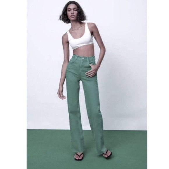 Zara Zara Wide Leg High Waisted Green Jeans Grailed