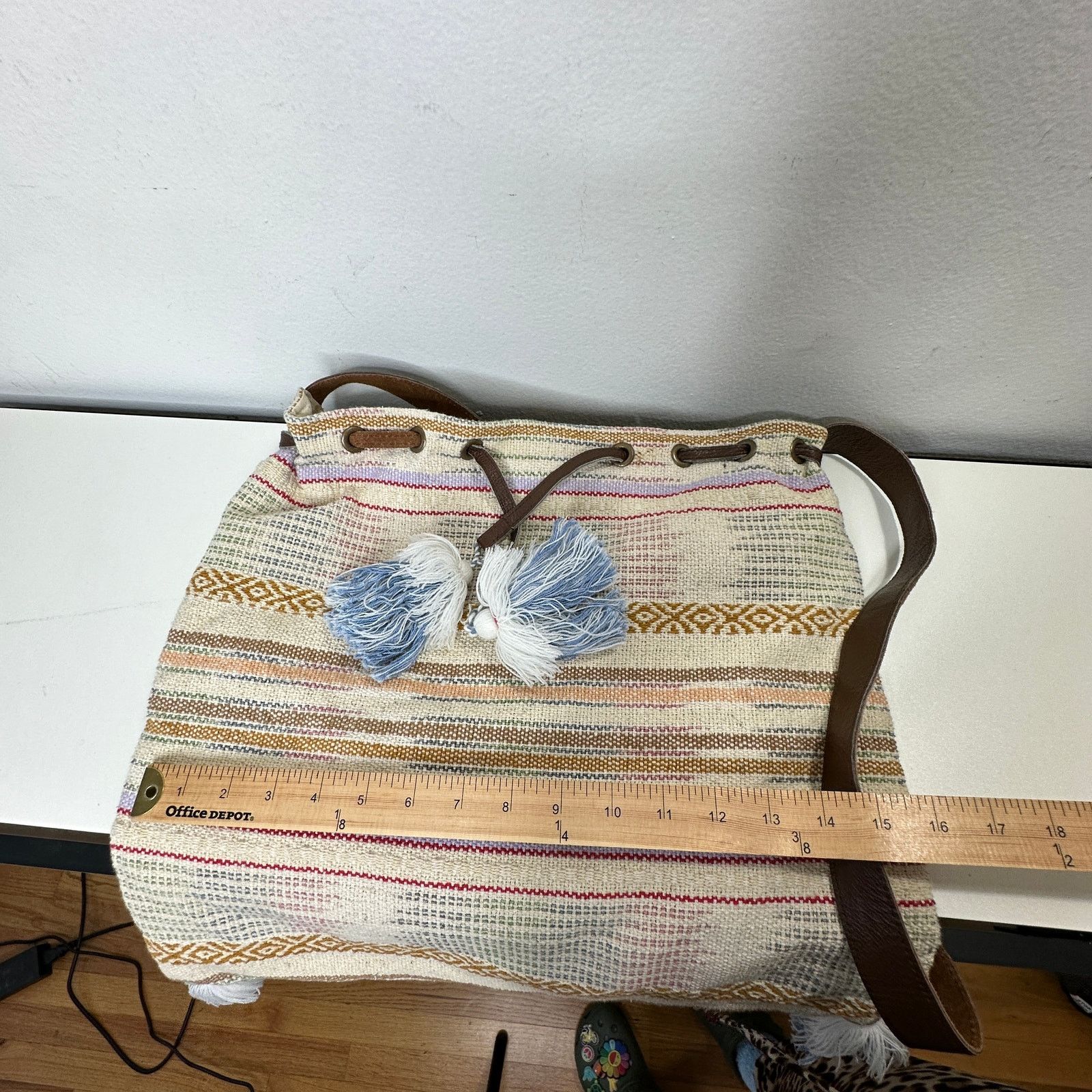 Other Lovestitch Tan Multicolor Striped Canvas Boho Bag Drawstring Size ONE SIZE - 15 Thumbnail