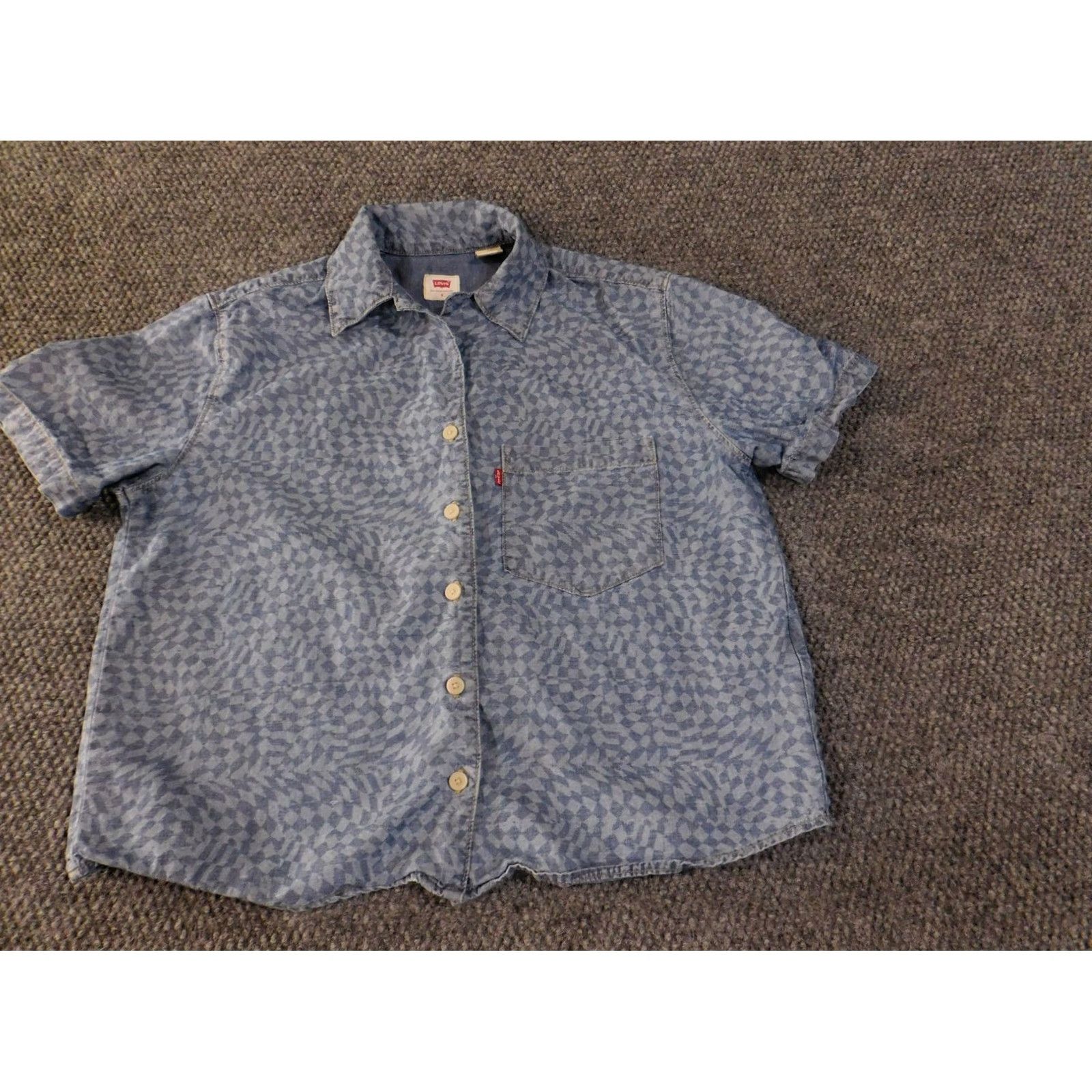 Levi's Levi's Button-Up Shirt Women S Blue Short Sleeve Geometric Pattern Stars Size S / US 4 / IT 40 - 3 Thumbnail