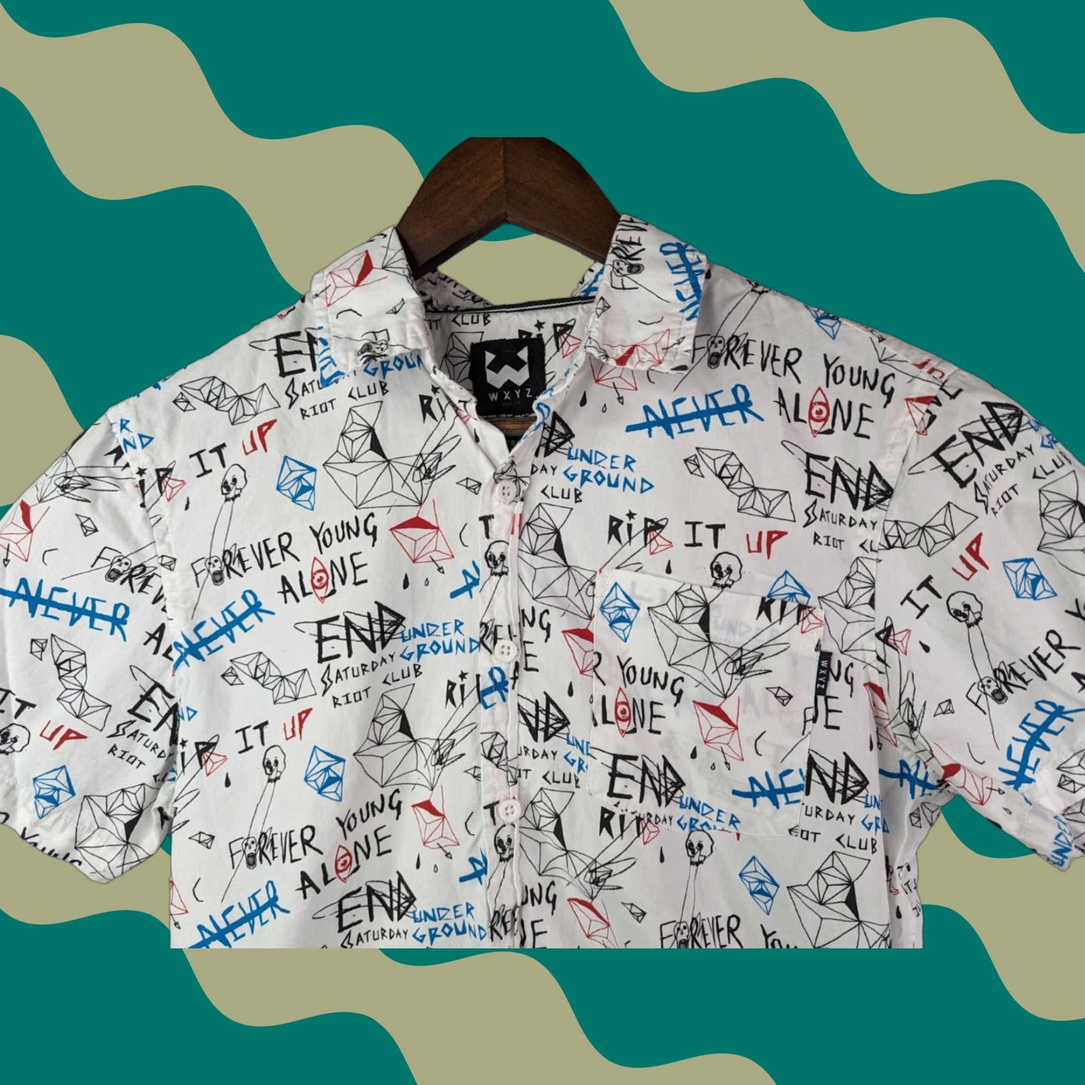 Forever 21 WXYZ Forever Young Print Button Up Short Sleeve Men’s Small 100% Cotton White Shirt Size US 29 - 1 Thumbnail